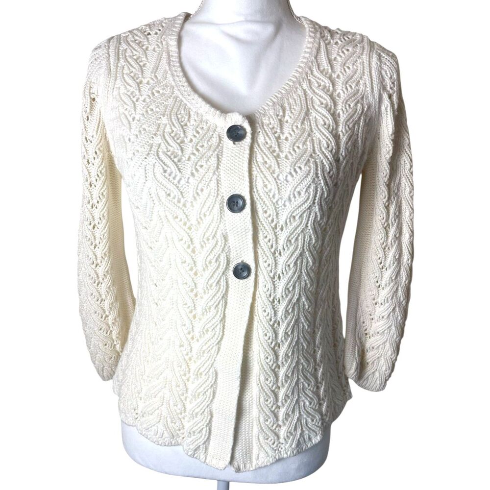 Vintage Talbots Ivory Lace Cable Knit Cardigan Sweater MP Cottagecore Coquette
